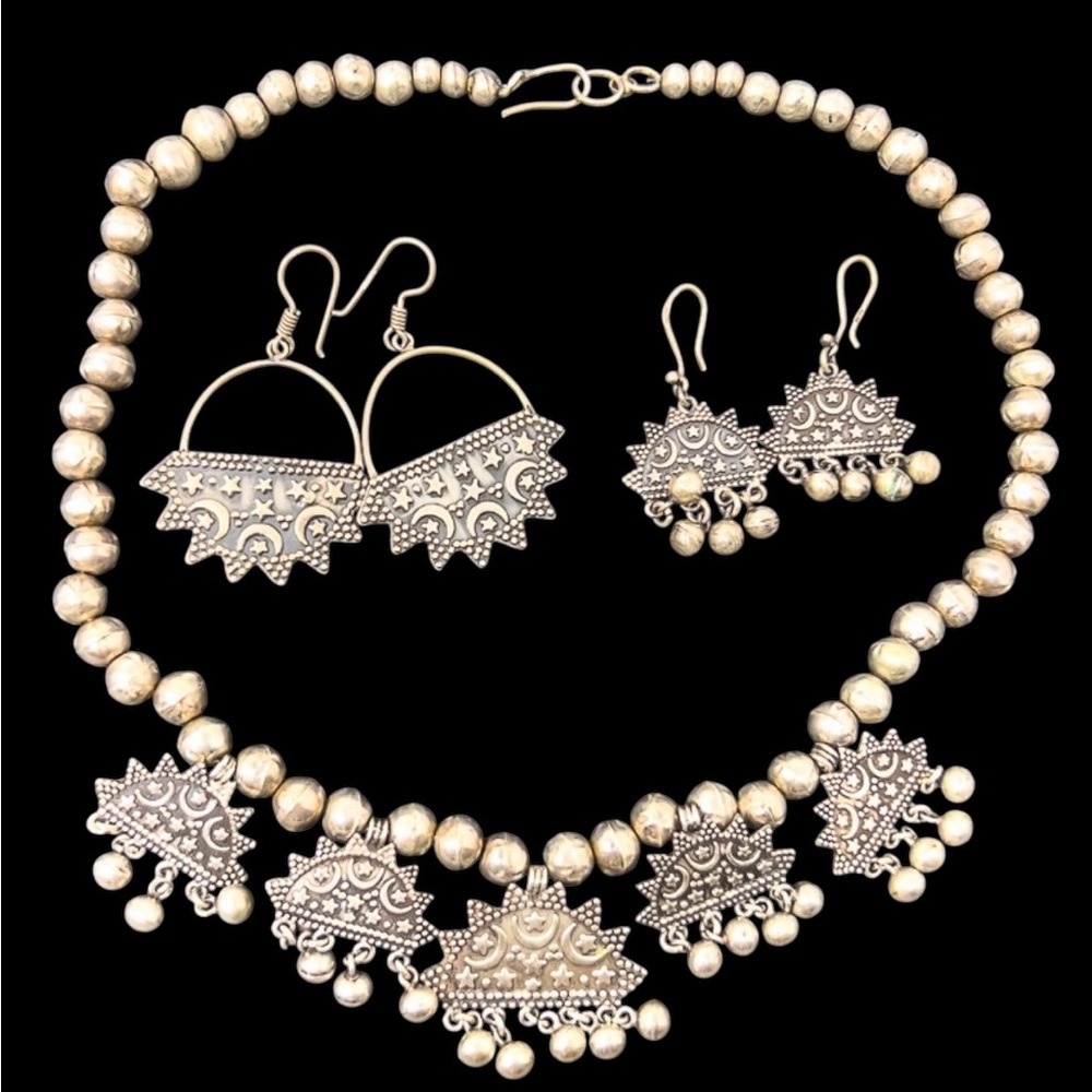 Vintage Temple Dance India Oxidized Sterling 18” Necklace & 2pr Dangle Earrings